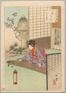 Het spelen van de Koyo, een dame uit Nagoya van het Kōka-tijdperk (1844-48), uit de serie Zesendertig elegante selecties door Mizuno Toshikata