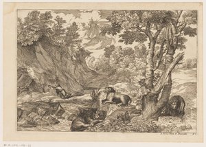 Landschap met de boetvaardige Hiëronymus en drie rustende leeuwen (Landschappen naar Titiaan)