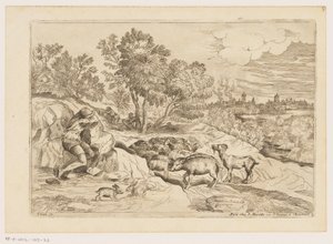 Landschap met drie rustende herders bij een kudde