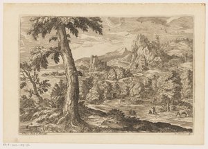 Landschap met figuren langs een rivier