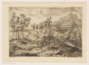 Landschap met herders met een kudde bij een ruïne