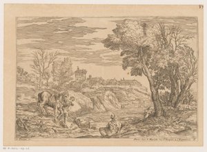 Landschap met man met paard een rivier overstekend