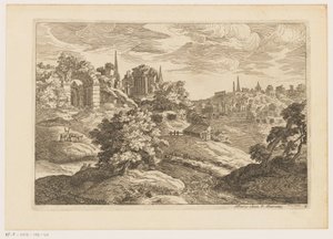 Landschap met ruïnes en herten