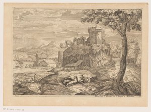 Landschap met rustende herder, op de achtergrond een rivier met brug en watermolen (Landschappen naar Titiaan)