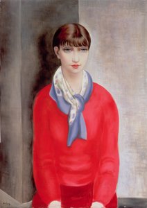 Kiki de Montparnasse in een rode trui en een blauwe sjaal door Moise Kisling