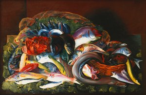 Groot stilleven met vissen; Grande Nature Morte aux Poissons door Moise Kisling