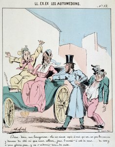 HE. EX. EX. Motoredons: Cartoon van transport in de stad. Een koetsier neemt een dronken vriend mee in de koets naast twee geschrokken bourgeois vrouwen. Tekening door Moloch (1849-1909), rond 1860.