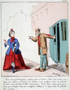 HE. EX. EX. Motoredons: Cartoon van transport in de stad. De koetsier berispt een bourgeois die naar het park gaat terwijl haar man de chauffeur vroeg haar naar een andere plaats te brengen. Tekening door Moloch (1849-1909), rond 1860. door Moloch