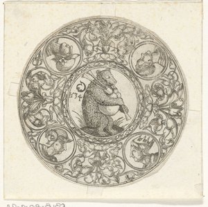 Rond blad met beer die de doedelzak bespeelt door Monogrammist CG (Duitsland)