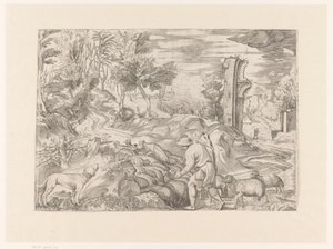 Landschap met herder en kudde schapen