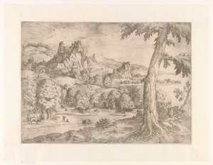 Panoramisch landschap met grote boom door Monogrammist DB (etser 16de eeuw)
