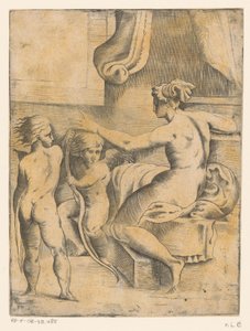 Venus met twee putti door Monogrammist FP (Italië; 16e eeuw)