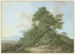 Landschap met rustende reizigers langs een weg