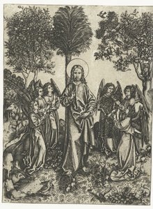 Christus in de wildernis met engelen door Monogrammist IE
