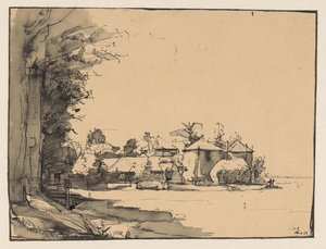 Studie van een boerderij met drie hooischelven