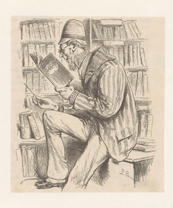 Man in een boekwinkel door Monogrammist LB (Duitsland 19e eeuw)