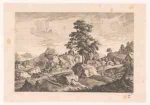 Bergachtig landschap met huizen door Monogrammist MEG