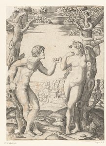 Zondeval van Adam en Eva bij boom van kennis van goed en kwaad met slang door Monogrammist NF (graveur)