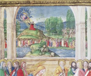 Ms 542 f.3v Mozes ontvangt de tafelen van de wet van God, uit een psalter geschreven door Don Appiano van de kerk van de Badia Fiorentina, Florence (detail)