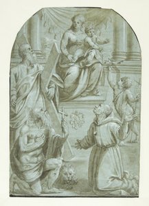 Maria met het kind Jezus tronend, omringd door de apostel Andreas, Johannes de Doper als kind, de heilige Hiëronymus en de heilige Franciscus van Assisi