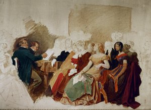 Een avond bij Baron Spaun, Schubert aan de piano, tenor Johann Michael Vogl naast hem ... (aquarel)
