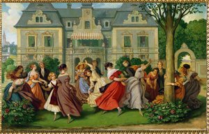 Gezelschapsspelen, een landhuis op de achtergrond ... (olieverfschilderij)