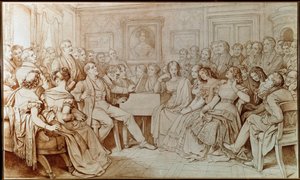 De componist Franz Schubert begeleidt tenor Johann Michael Vogl tijdens een muzikale avond bij Baron von Spaun door Moritz Ludwig von Schwind