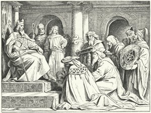 De gezanten van kalief Harun al-Rashid brengen geschenken aan keizer Karel de Grote, 802 door Moritz Ludwig von Schwind