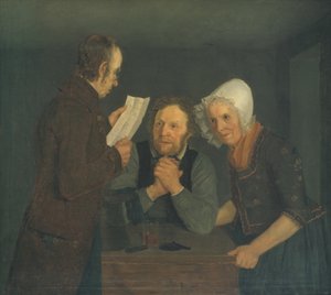 Een schoolmeester leest een brief voor aan een oud echtpaar van hun zoon in het buitenland door Moritz Unna