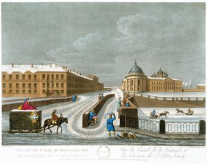 Uitzicht op het Kanaal van Fontanka en de Kazerne, illustratie voor November uit Een Jaar in St. Petersburg geëtst door John H. Clark, ingekleurd door M. Dubourg. uitgegeven 1815 in Londen door Edward Orme door Mornay