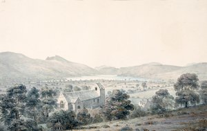 Uitzicht op Bala Pool, Llyntagit, van boven Llanfawr Kerk, Meirionethshire door Moses Griffith