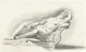 Beeld van naakte vrouw, liggend op een bankkussen