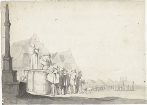 Marktplein met omroeper op een vat