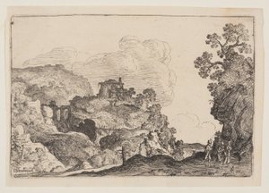 Rotsachtig landschap met drie reizigers