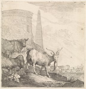 Geiten en koeien bij een ronde toren met een obelisk