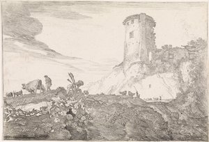 Landschap met ronde toren door Moyses van Wtenbrouck