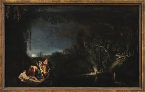 Maanlichtlandschap met mythologisch (?) motief door Moyses van Wtenbrouck