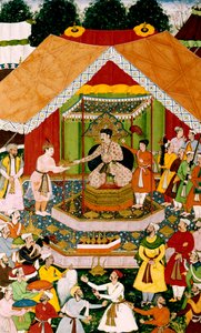 Akbar en Azim Khan in Dipalpur, ca. 1590-95 door Mughal School