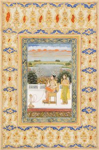 Albumblad: Gulbadan Begum rookt op een terras, Delhi, ca. 1800 door Mughal School