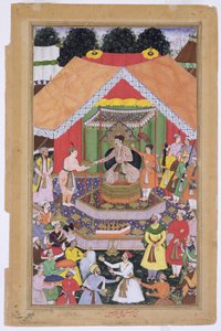 Keizer Akbar (r.1556-1605) vermaakt door zijn pleegbroer Azim Khan in Dipalpur, Punjab, 1571, uit de Akbarnama gemaakt door Abul Fazi, 1590-98 door Mughal School
