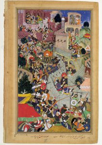 Keizer Akbar (r.1556-1605) schiet Saimal bij het Beleg van Chitov in 1567, uit de Akbarnama gemaakt door Abul Fazi, 1590-98 door Mughal School