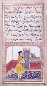 Khujista praat met de papegaai door Mughal School