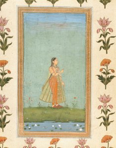 Dame met een bloem, staand bij een lelievijver, uit het Kleine Clive Album door Mughal School
