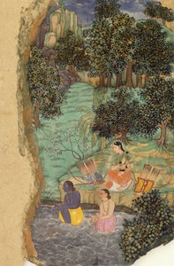 Rama en Lakshmana bieden water aan hun overleden vader aan de oevers van de Mandakini-rivier, c.1595 door Mughal School