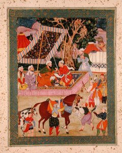 Scène tijdens een valkenjacht, uit het Grote Clive Album, c.1570 door Mughal School