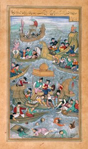 Sultan Bahadur en Rumi Khan springen in zee omringd door Portugese boten, uit de Akbarnama door Mughal School