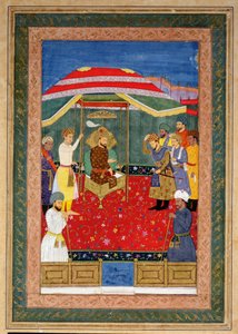 De Mughal-keizer Babur (1526-30) zittend op een troon ontvangt een prins, Johnson Album I, nr. 3 genummerd 65