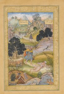 Een moslimpelgrim leert een les in vroomheid van een brahmaan, Folio uit een Khamsa... door Muhammad Husain Kashmiri