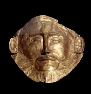 Begrafenismasker in Myceens goud (van Mycene) bekend als “Masker van Agamemnon”