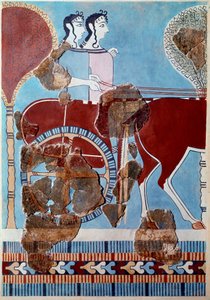 Myceense kunst: koppel op een tank. Fragment van fresco uit het paleis van Tiryns en reconstructie